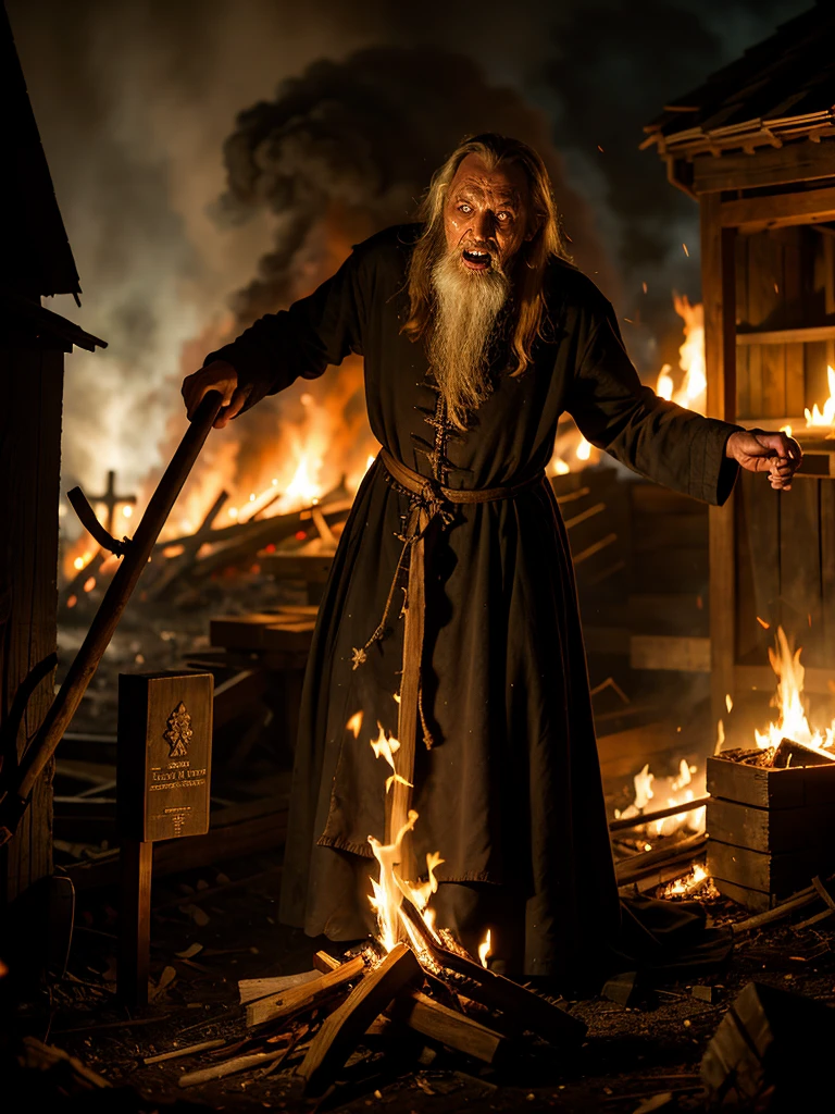 old sorcerer being burned at the stake, burning corpse, horror in the eyes, scary photo