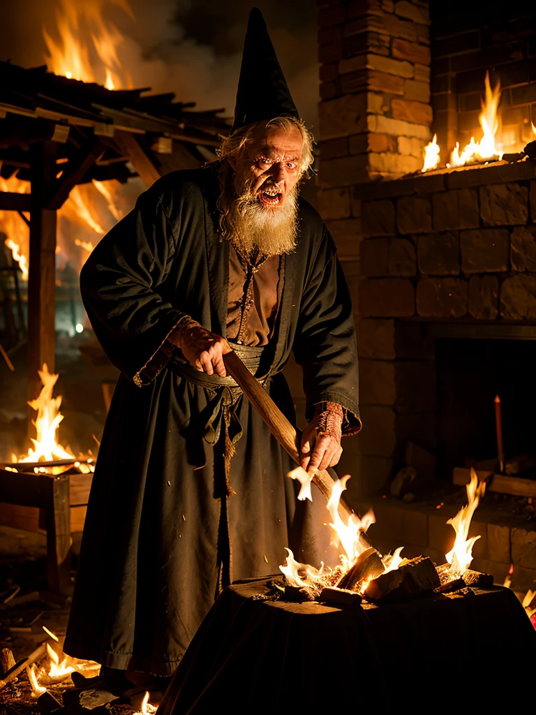 old sorcerer being burned at the stake, burning corpse, horror in the eyes, scary photo