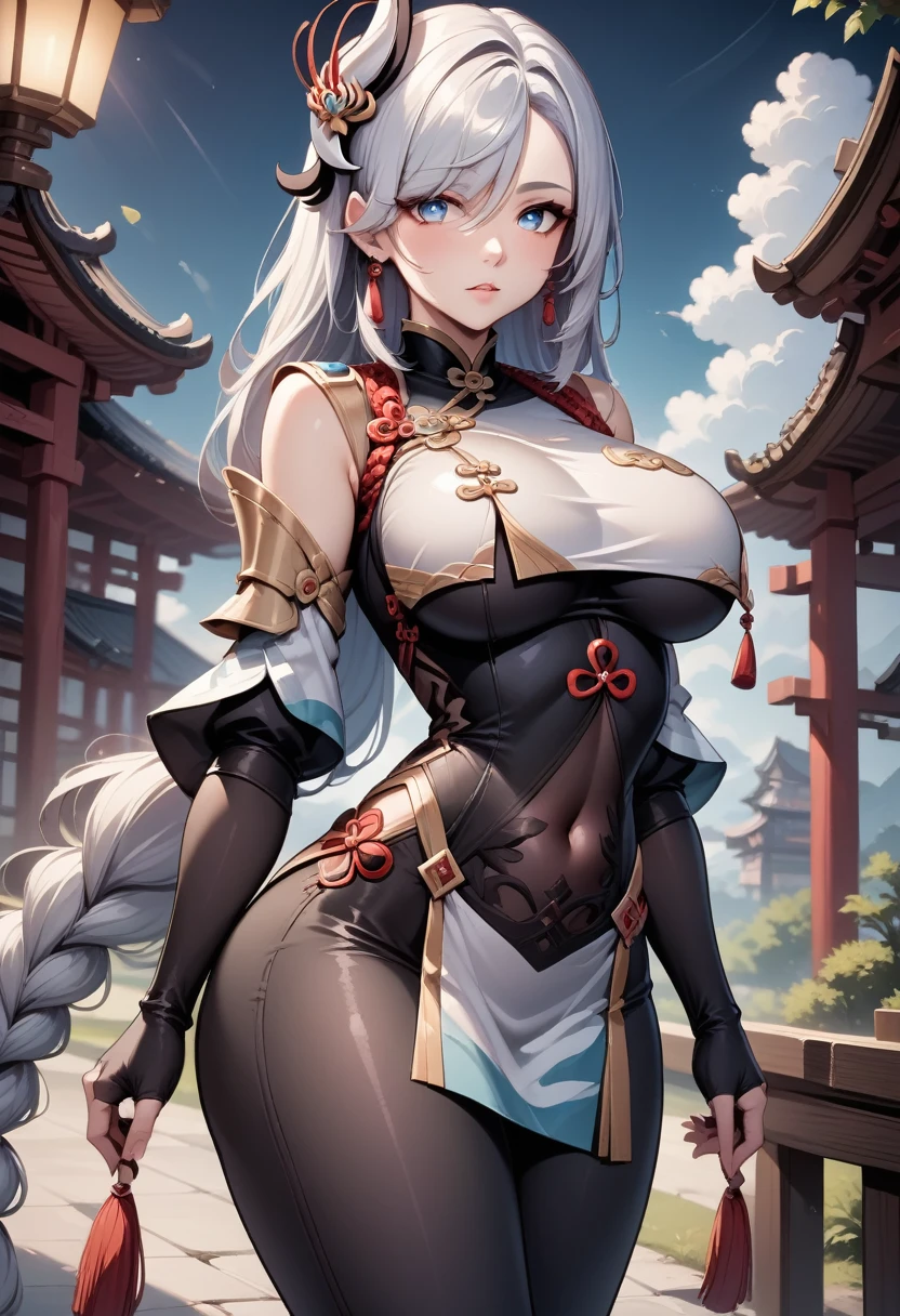 (score_9, score_8_up, score_7_up:1.2), (ai-generated:1.5), (Maximize Detail Slider:1.5), (Insanely Detailed:1.5), (source_anime:1.5) shenhe \(genshin impact\), (zPDXL:0.5), 1girl, solo, long hair, breasts, looking at viewer, bangs, blue eyes, large breasts, hair ornament, gloves, very long hair, braid, white hair, parted lips, hair over one eye, clothing cutout, bodysuit, tassel, black bodysuit, hip vent, shoulder cutout, breast curtain, accentuated curves, smooth and soft skin, beautiful detailed face, 4k girl, sexy attire