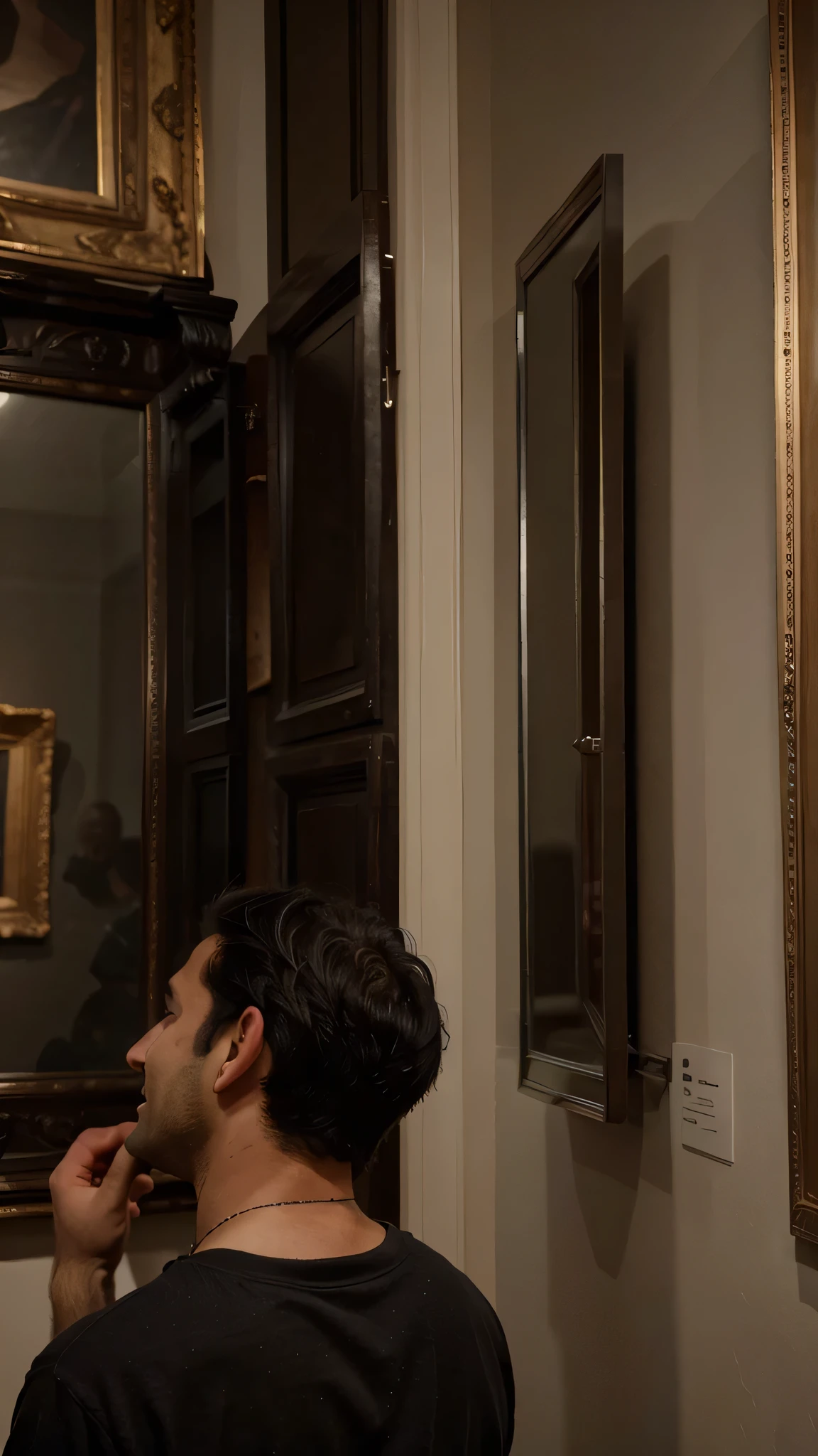 dark black hair england man, looking at the pictures in the art museum, brown eyes, wearing, smile, detailed