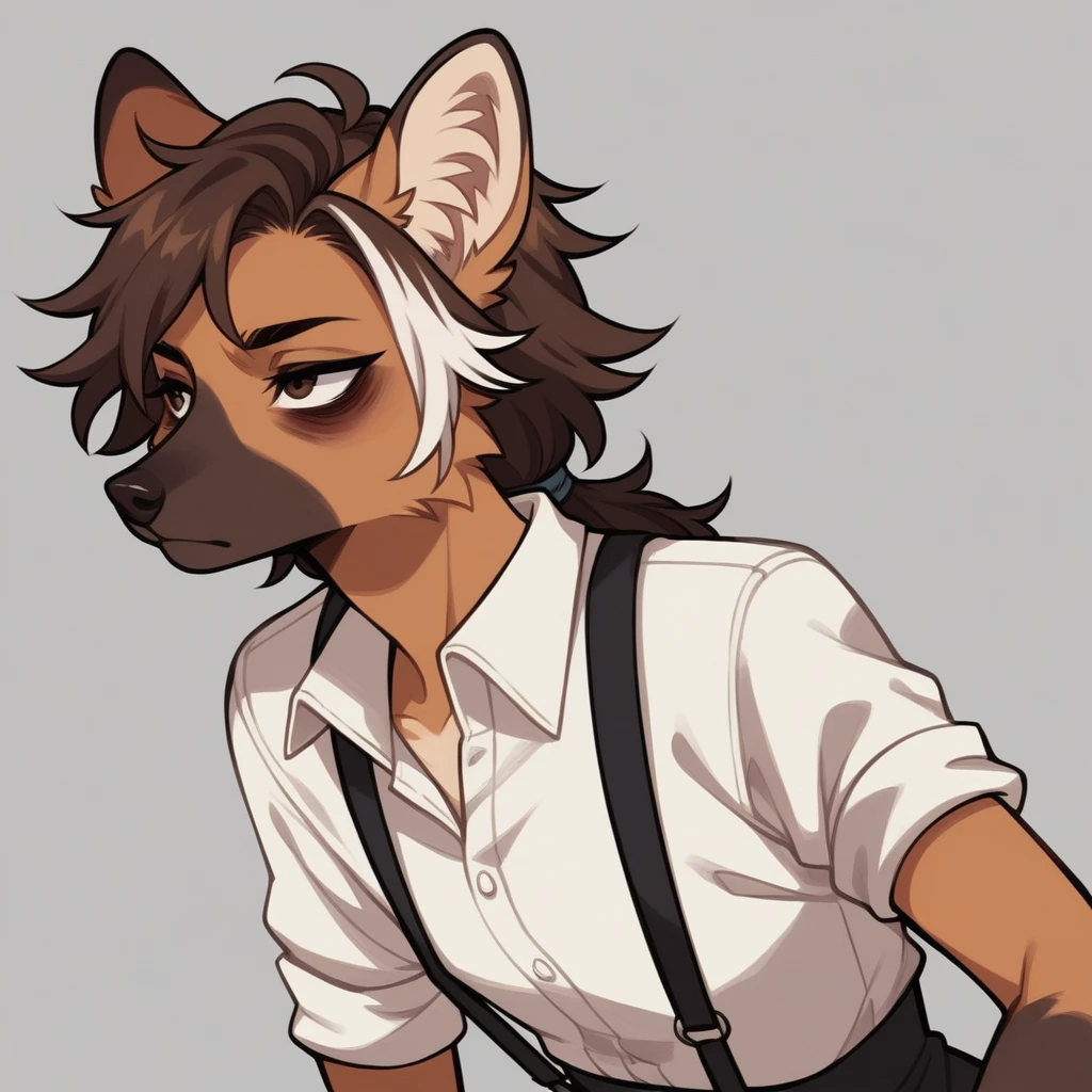 Solo, score_9, score_8_up, score_7_up, score_6_up, score_5_up, score_4_up, source_furry, Anthro, androgynous, anthro furry girl, maned wolf, brown eyes, tall, long legs, thick thighs, , short brown hair, white tips on hair, white highlights on hair, low ponytail. side locks, snout, jitome, bags under eyes, flat chested, wearing white button up shirt, sleeves rolled up, suspenders, black slacks, looking to the side, casual stance