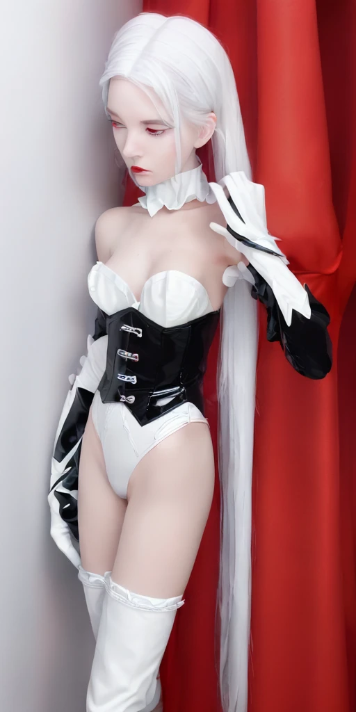 1 girl. One. White hair, porcelain skin and beautiful appearance. A slim body. Height 168cm. Dressed in a light fantasy Lolita dress. black, white and red color dress. White gloves. Long white and red knee-high stockings and boots. ideal figure. a high resolution. detailing. 