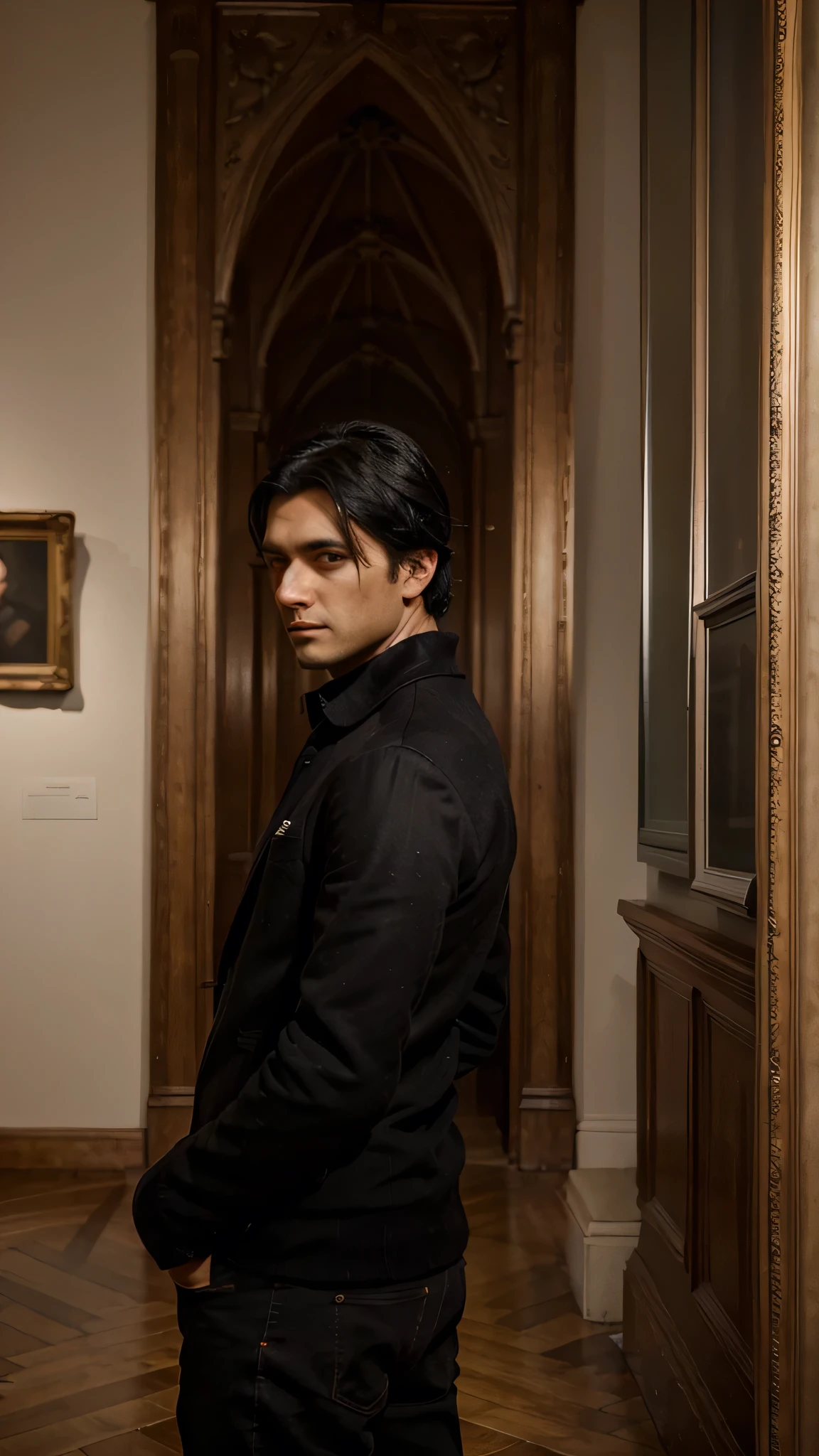 dark black hair england man, posing in the art museum, brown eyes, wearing, detailed