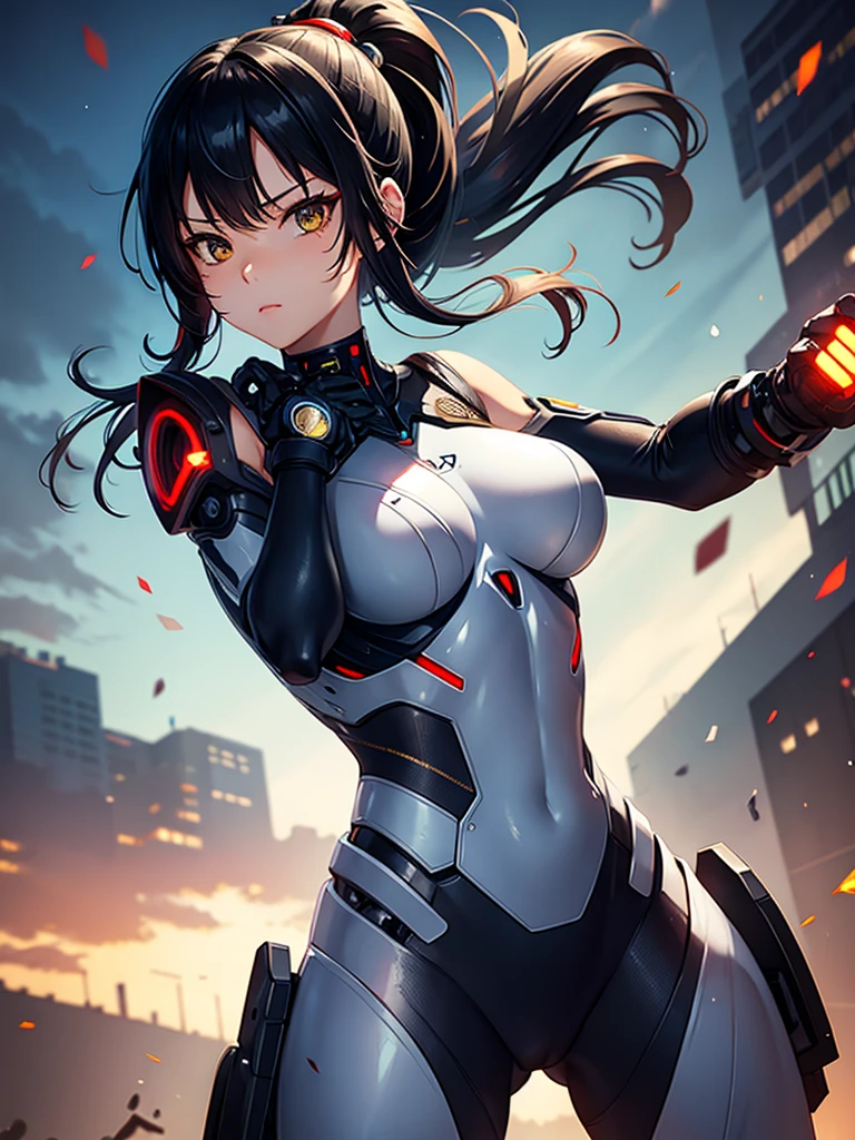 Cyborg Suit、、beautiful girl、ponytail、Black Hair、fight
