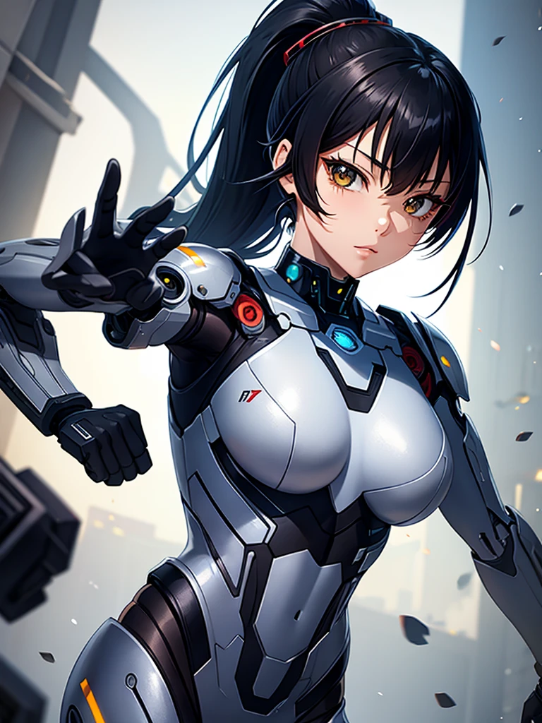 Cyborg Suit、、beautiful girl、ponytail、Black Hair、fight