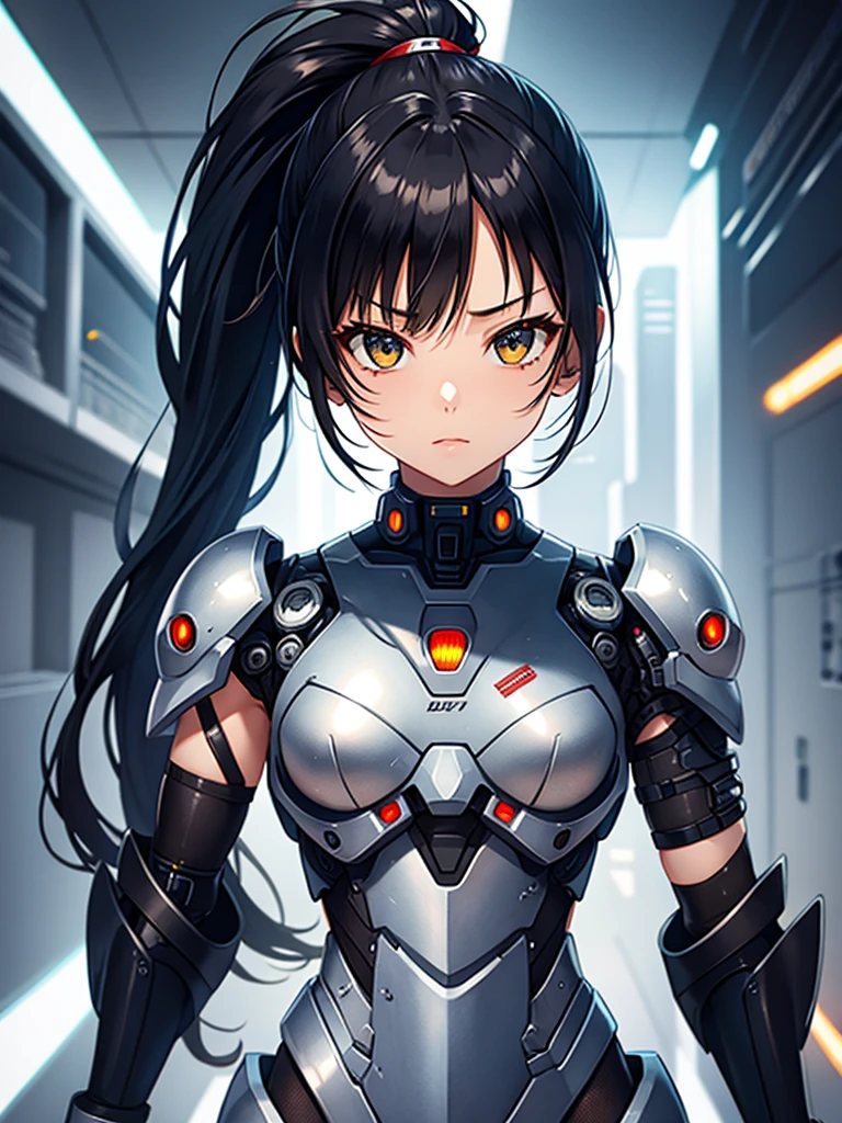 Cyborg Suit、17 years old、beautiful girl、ponytail、Black Hair、fight