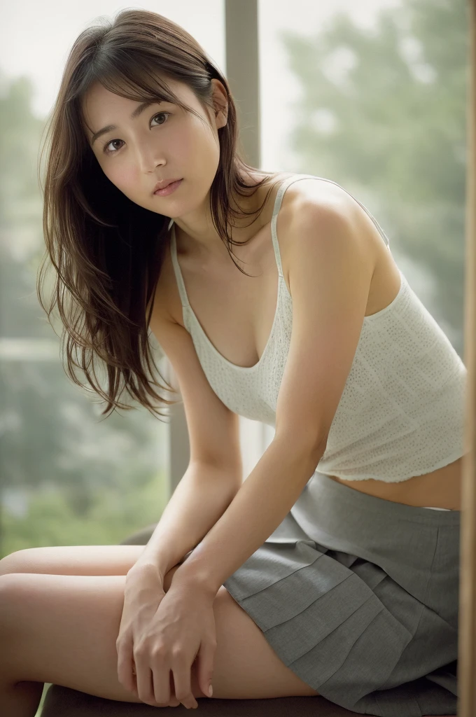 (((One girl,alone))),(Highly realistic photos, High resolution, Detailed face, Beautiful Eyes) Japanese women, 30 years old, Cute Face, Nice body, Medium chest, ,Hairstyle, Take a photo book,,Healthy Body,Thighs、Hold the hem of a skirt、turn over、I can see her panties
