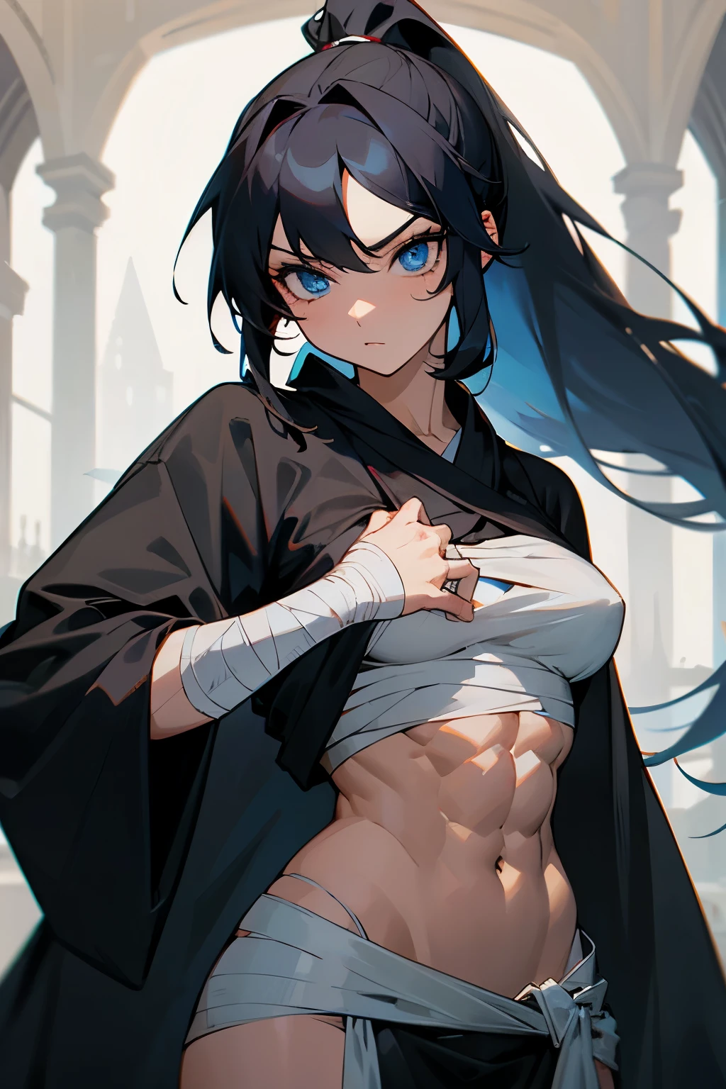 girl with long black hair, Hairstyle ponytail, torso bandaged, abs visible, muscular, hands in bandages, Middle Ages, Blue eyes, black slightly shabby robe