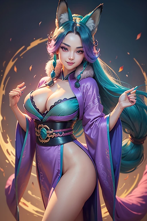 Female fox, teal long braided hair, fox ears, bright purple eyes, teal fur, two fox tails, sexy long legs showing, short sexy pink and teal kimono, cleavage showing, beautiful smiling face, detailed anatomy, high-quality, masterpiece, 4k, dragon palace background 