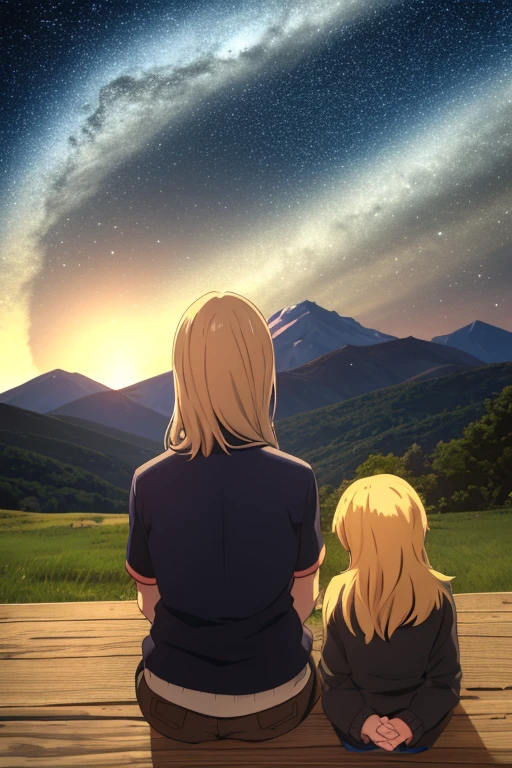 Draw a large anime scene of a high school, a campfire in the middle of mountains, mountain in front, front perspective, of the, woman right side, hair color, long lead girl, man left side, hair color chico negro, people sitting together, from behind, Starry Night, tonos azulaof the oscuros, Masterpiece, melancholic scene 
