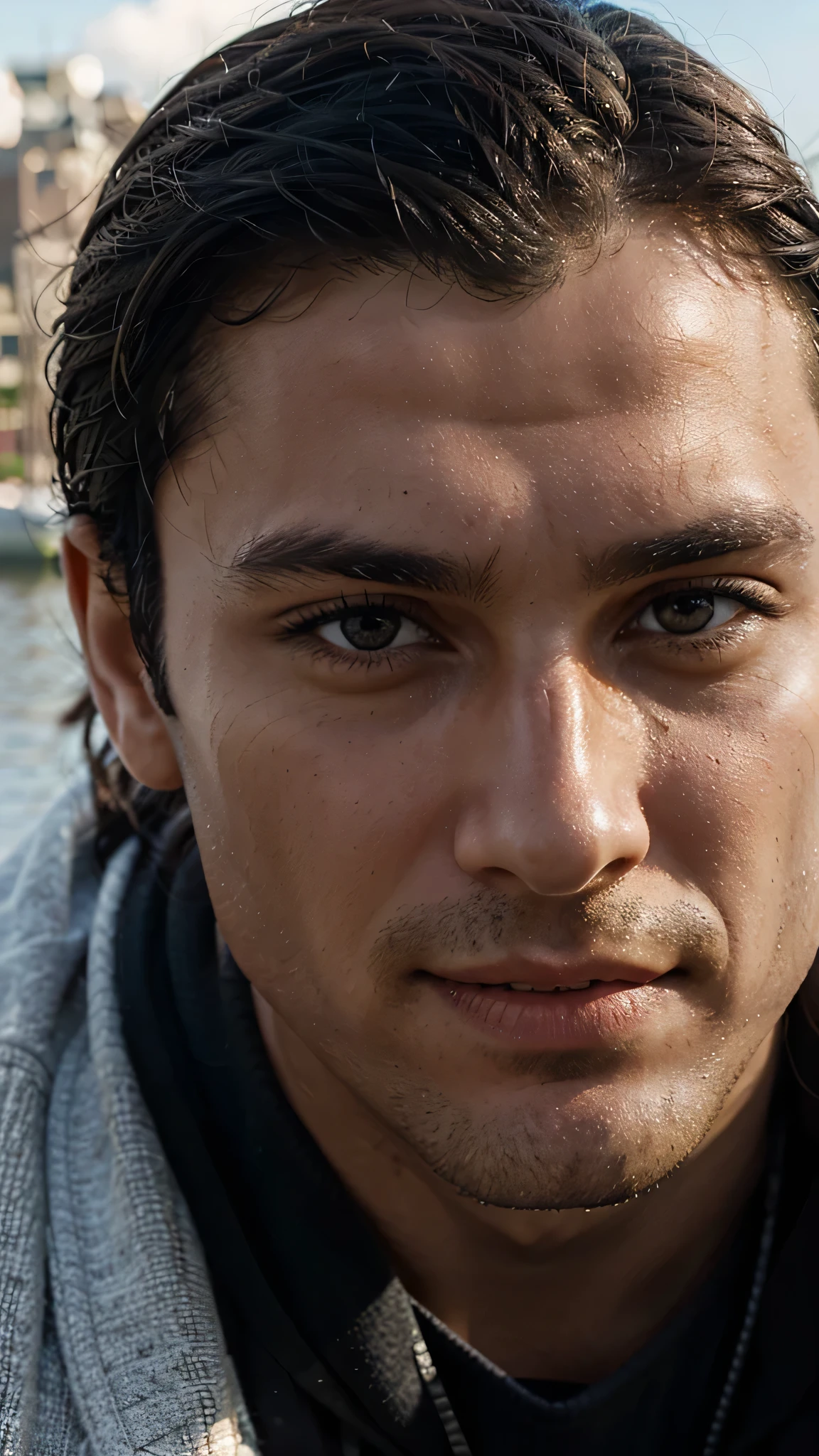 dark black hair england man, active posing on the boat, brown eyes, wearing, long distance shot, smirk, detailed