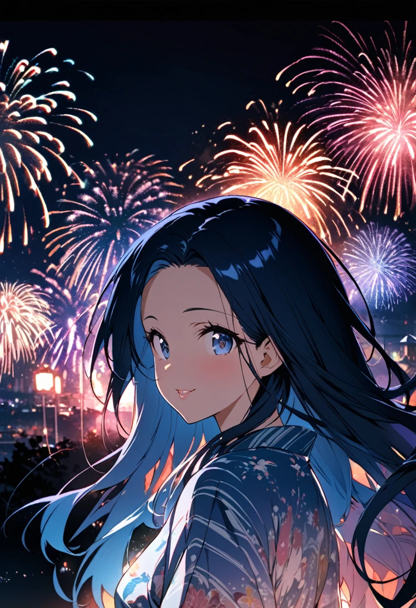 (immensely beautiful many fireworks), (double exposure:1.2 fireworks in her's pupil a forehead blue hair long hair cute girl, glossy lip, love smile, in a exposure yukata, small tits), BREAK, 16k, beautiful detailed silhouette.