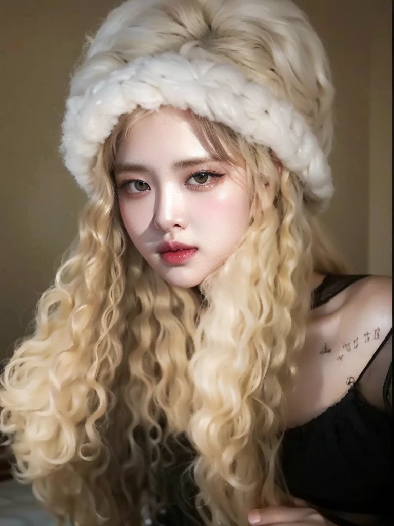Beautiful woman with blonde curly hair, Taehyung from BTS face, beautiful woman with facial harmonization, high quality