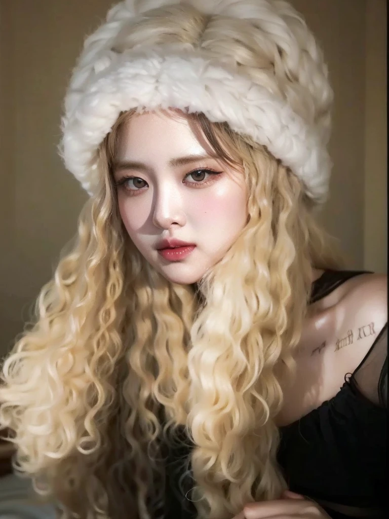 Beautiful woman with blonde curly hair, Taehyung from BTS face, beautiful woman with facial harmonization, high quality 