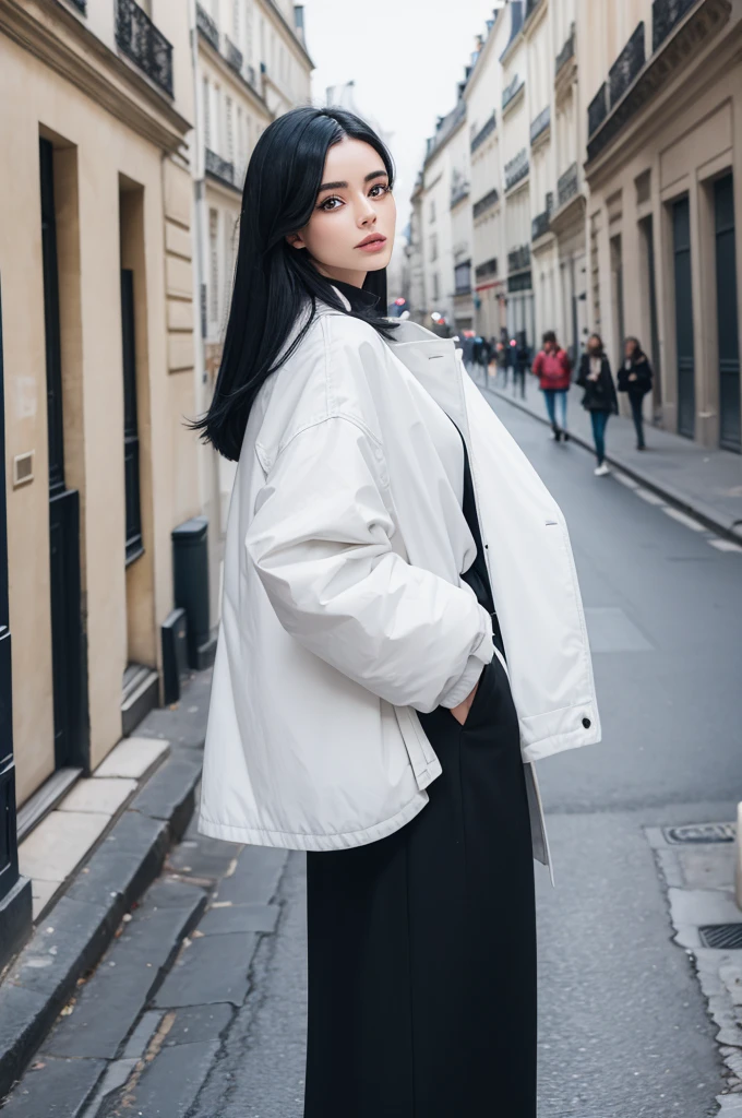 A white influencer with black hair in Paris