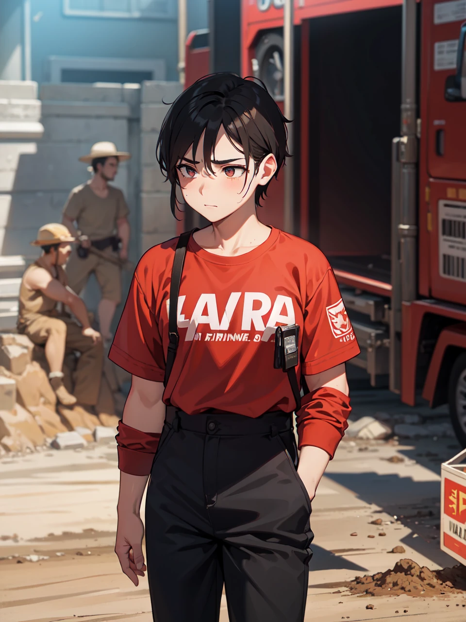 Masterpiece, best quality, ultra high res, Laki laki Pekerja tambang (male miners), wearing red work shirts, background of a huge truck.
Detailed description: The masculine figures of the mine workers are prominently displayed against the backdrop of an enormous, rust-colored truck. Their red work shirts, emblazoned with the insignia of their mining company, are worn and frayed from long hours on the job. Perspiration beads on their brows as they toil under the relentless sun, their muscles straining with the effort of their labor. The dusty ground beneath their feet and the piles of dug-up minerals beside