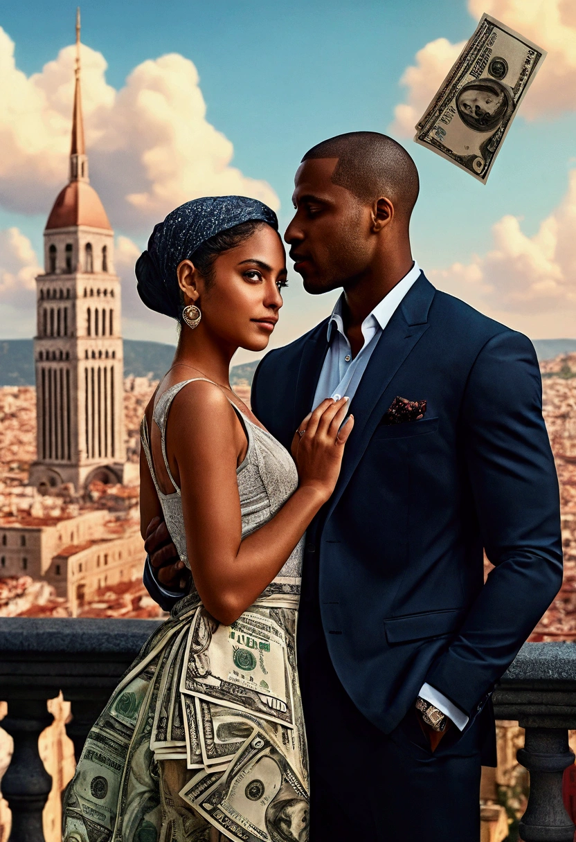 a romantic city in the background, a beautiful couple black man and latin woman, romantic posture, Casual clothes, Many luxury bills and money in the air., hyperrealistic image, artistic, Surreal, 8k, imagen artistic