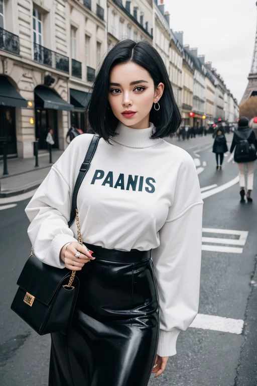 A white influencer with black hair in Paris 