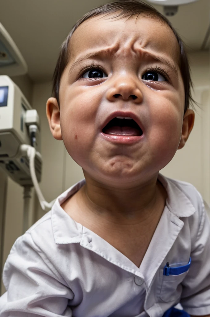 In a hospital setting, a  stands in a sterile room with white walls and fluorescent lights. The babyace is contorted with fear, and tears stream down his cheeks. His little hand trembles as he holds his neck. From a cut in his neck, a grotesque worm emerges, causing horror and despair. The baby’s ession is one of pure terror, his eyes wide and his mouth open in an anguished cry. In the background, modern medical equipment gleams, adding a cold and impersonal atmosphere to the scene.

