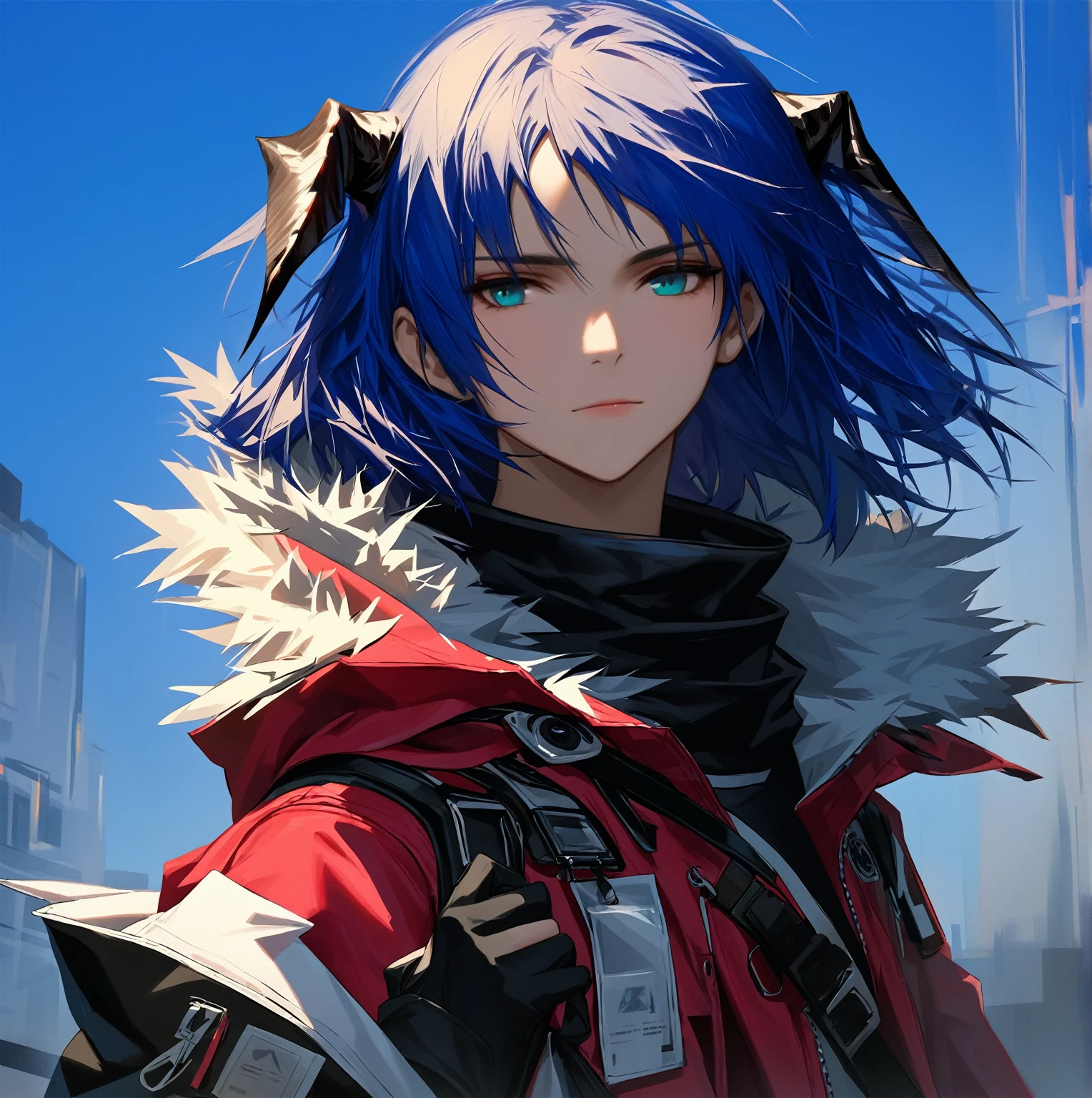 (woman), ((Mostima from arknights)), masterpiece, best quality, blue hair, ((short hair)), horns, plain white shirt, red fullbody coat, dark blue eyes, realistic anime style, faint smile, ((portrait)), black gloves, carring a bag.