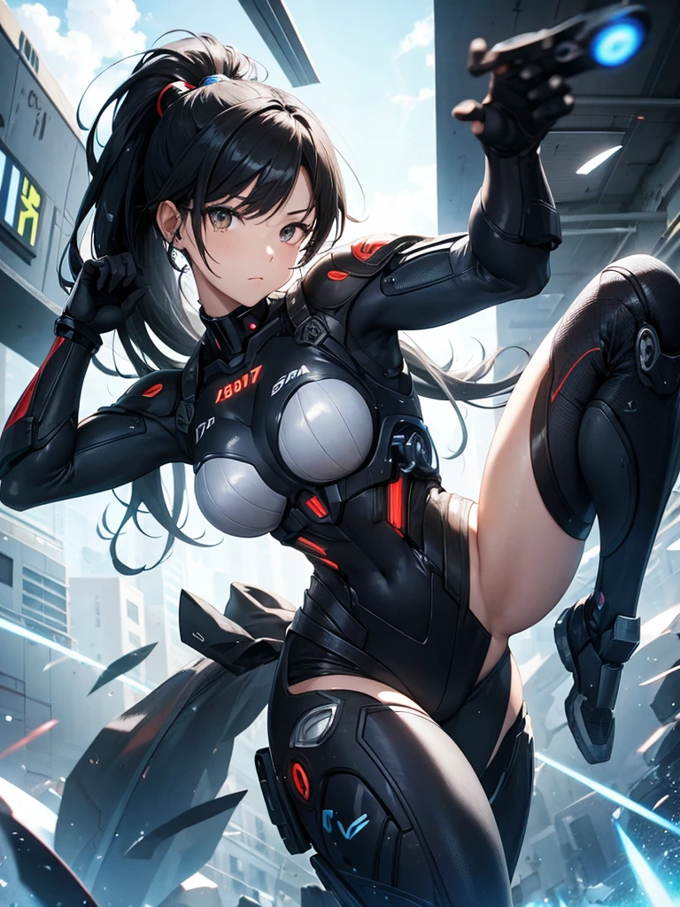Cyborg Suit、17 years old、beautiful girl、ponytail、Black Hair、fight、beam
