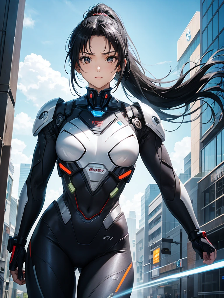 Cyborg Suit、17 years old、beautiful girl、ponytail、Black Hair、fight、beam