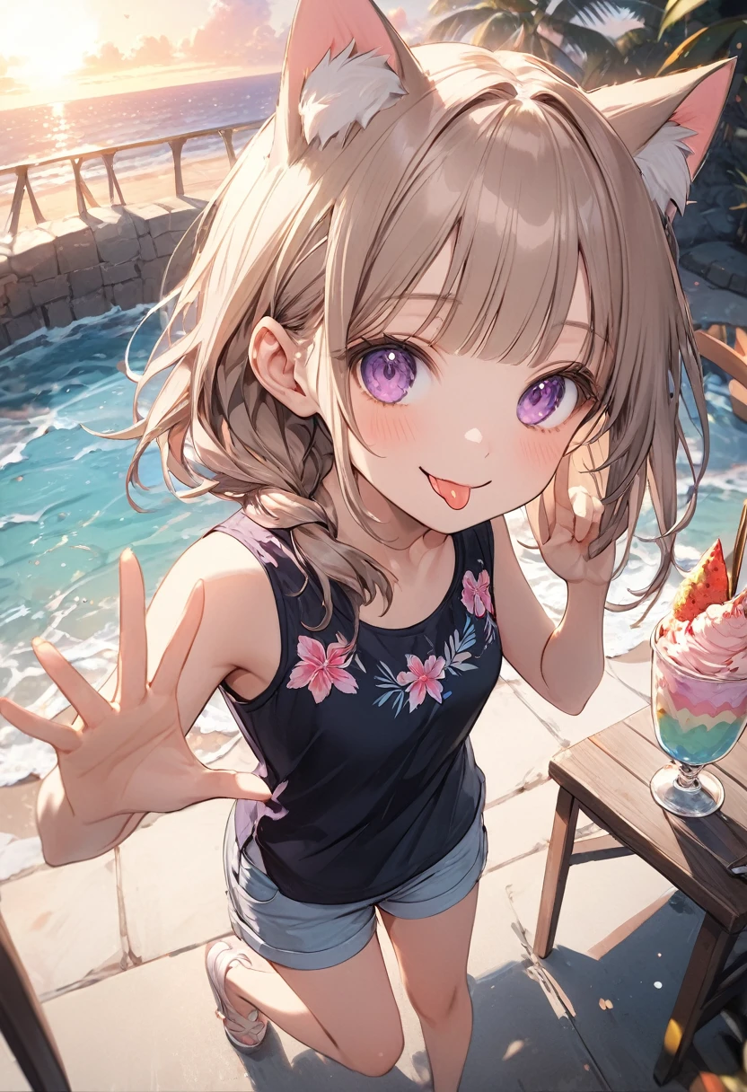 ((Masterpiece)), ((best quality)), ((kawaii)), ((extremely detailed)), (sketch:0.3), (RAW photo:1.2), (8K), (High Definition:1.3), (Professional Photography:1.2), cinematic lighting, (very aesthetic:1.2), (absurdres:1.2), (sharp focus), (perfect light), (from above), (wide shot), ((1girl)), ((12 years old)), cute young girl, (naughty smile), ((sticking out tongue)), (Beautiful deep purple eyes:1.2), (put on cat ears), girl, (Embroidered cute tanktop), small breast, Healthy skin, (Healthy slim body), (Healthy and toned body), shortpants, pudgy cheeks, BREAK, ((best quality)), (very aesthetic:1.2), (absurdres:1.2), ((extremely detailed)), (loose blunt bangs), ((Beautiful Silky hair)), low ponytail medium hair, ((beautiful pale brown hair)), 🌈, ((Military salute pose right hand only)), loose sitting on chair, ice cream on the table, (the Midsummer Cafe Terrace), ((Hawaiian beaches spread out below)), (Sunset beach), Large Cumulonimbus Clouds, pastel colors clouds, kawaii, cute colors,