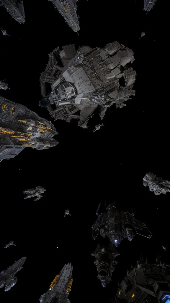 spaceships and a battle moon station in a space with a black background, wide shot of a spaceship battle, spaceship in space in ruins, Epic realistic cinematic space battle, ominous space battle background, landing in epic space battle, sci - fi spaceships in combat with a battle moon, detailed space battle, photo realistic space battle, orbiting space ships, battle moon space station flying in background, best