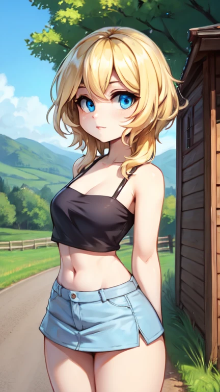 White tube top, white felt miniskirt, blonde medium wave hair, narrow eyes, blue eyes, countryside, outdoors, blue sky,