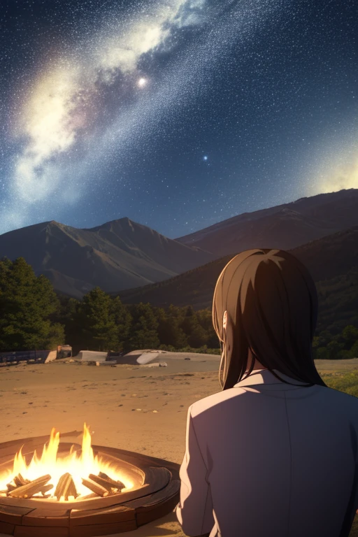 Draw a large anime scene of a high school, a campfire in the middle of mountains, mountain in front, front perspective, of the, solos, woman right side, hair color, long lead girl, man left side, black boy hair, people sitting together, from behind, Starry Night, tonos azulaof the oscuros, Masterpiece, melancholic scene