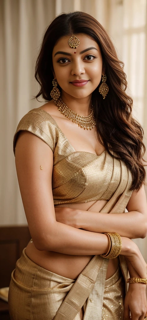Face of Kajal Aggarwal, Extremely Gorgeous, curvy, a close up of a woman in a sari holding a flower, traditional beauty, wearing elegant jewellery, wearing gold jewellery, photo of a hand jewellery model, assamese aesthetic, adorned with precious stones, dressed in a sari, photoshoot for skincare brand, indian style, traditional makeup, high quality portrait photoshoot, jewelry photography, with lovely look, promotional photoshoot