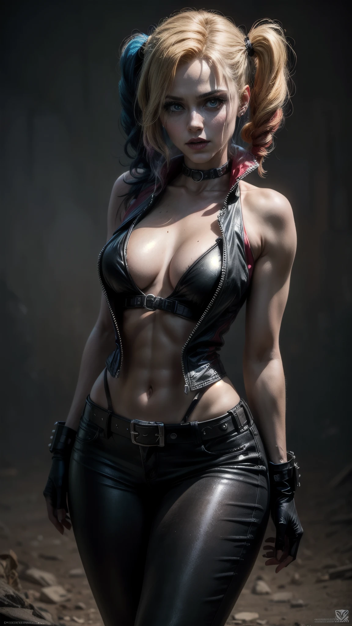 Harley Quinn, (((whole body))),super muscular build and average breasts.,wearing an open black leather vest..,There is a black leather belt at the waist, tight pants, and heavy boots, She has a punk rock look and an asymmetrical bob hairstyle... Harley Quinn inspired makeup....., Hyper-realistic close-up photograph of Harley Quinn, masterpiece, Best quality, (photorealistic:1.4), post-apocalyptic peace. Pay attention to subtle details, Sharp Focus, NSFW.