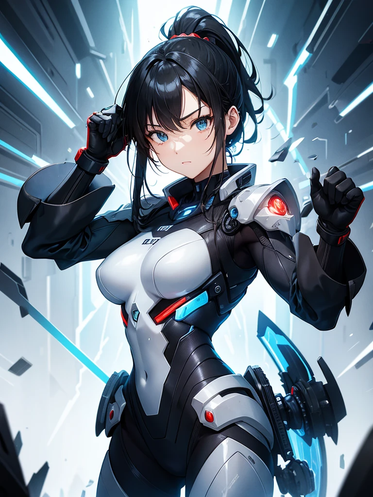Cyborg Suit、、beautiful girl、ponytail、Black Hair、fight、blue beam