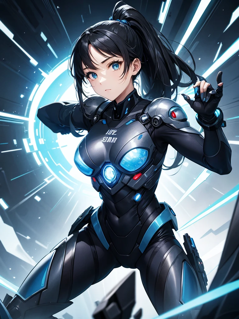 Cyborg Suit、17 years old、beautiful girl、ponytail、Black Hair、fight、blue beam