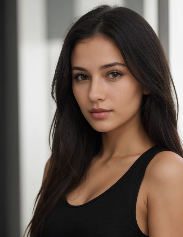 ((head to shoulders)) portrait of (sks woman), shirt, centerfold, focus on the eyes, model shoot, photograph, intricate background, (wide view, simple black background, sharp outlines:1.2), natural skin tones