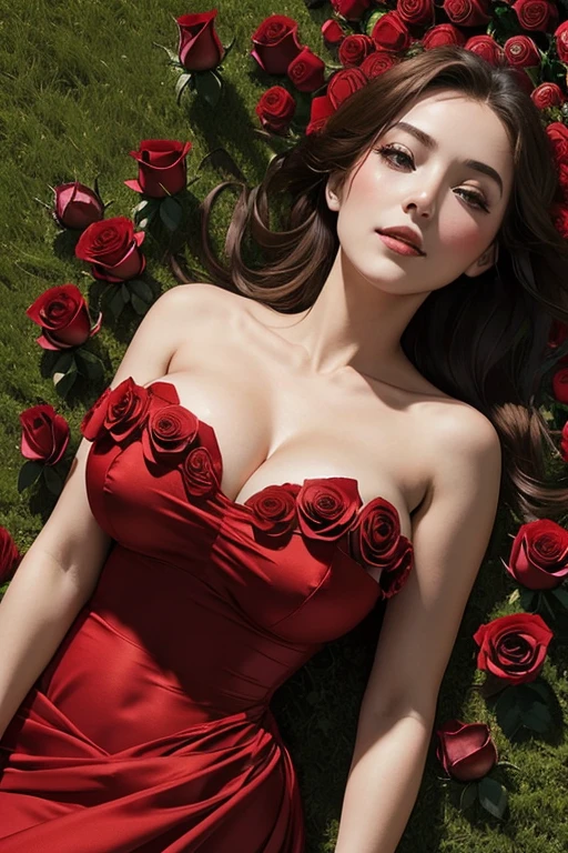 Girl in a red dress (((made of roses))), (big breasts:1.2), (waist), (wide hips:1.3), (smile:0.3), lying on the grass, Dutch angle, low angle, top view, looking up, makeup, black eyes, brown hair