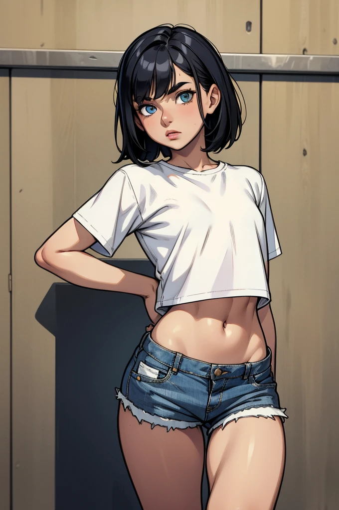 1girl, 9-years-old, slim, short black hair, blue eyes, wearing plain white shirt, denim shorts, city, absurdres, high res, ultrasharp, 8K, masterpiece, looking at viewer, white crop top, (flat chest),