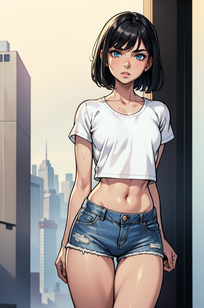 1girl, 9-years-old, slim, short black hair, blue eyes, wearing plain white shirt, denim shorts, city, absurdres, high res, ultrasharp, 8K, masterpiece, looking at viewer, white crop top, (flat chest),
