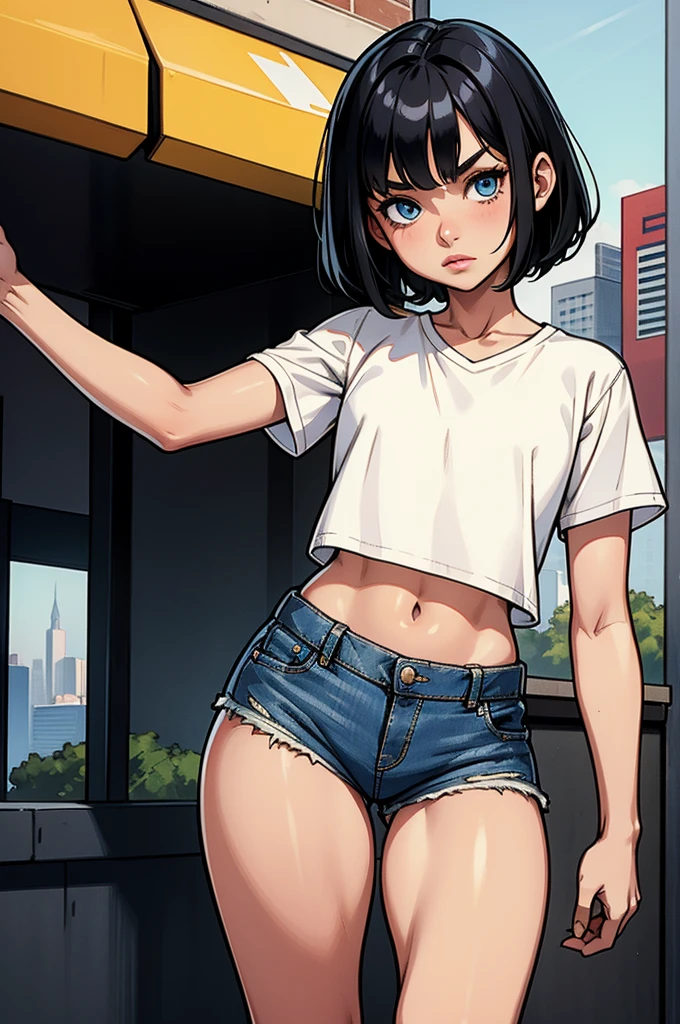 1girl, 9--old, m, short black hair, blue eyes, wearing plain white shirt, denim shorts, city, absurdres, high res, ultrasharp, 8K, masterpiece, looking at viewer, white crop top, (flat chest),