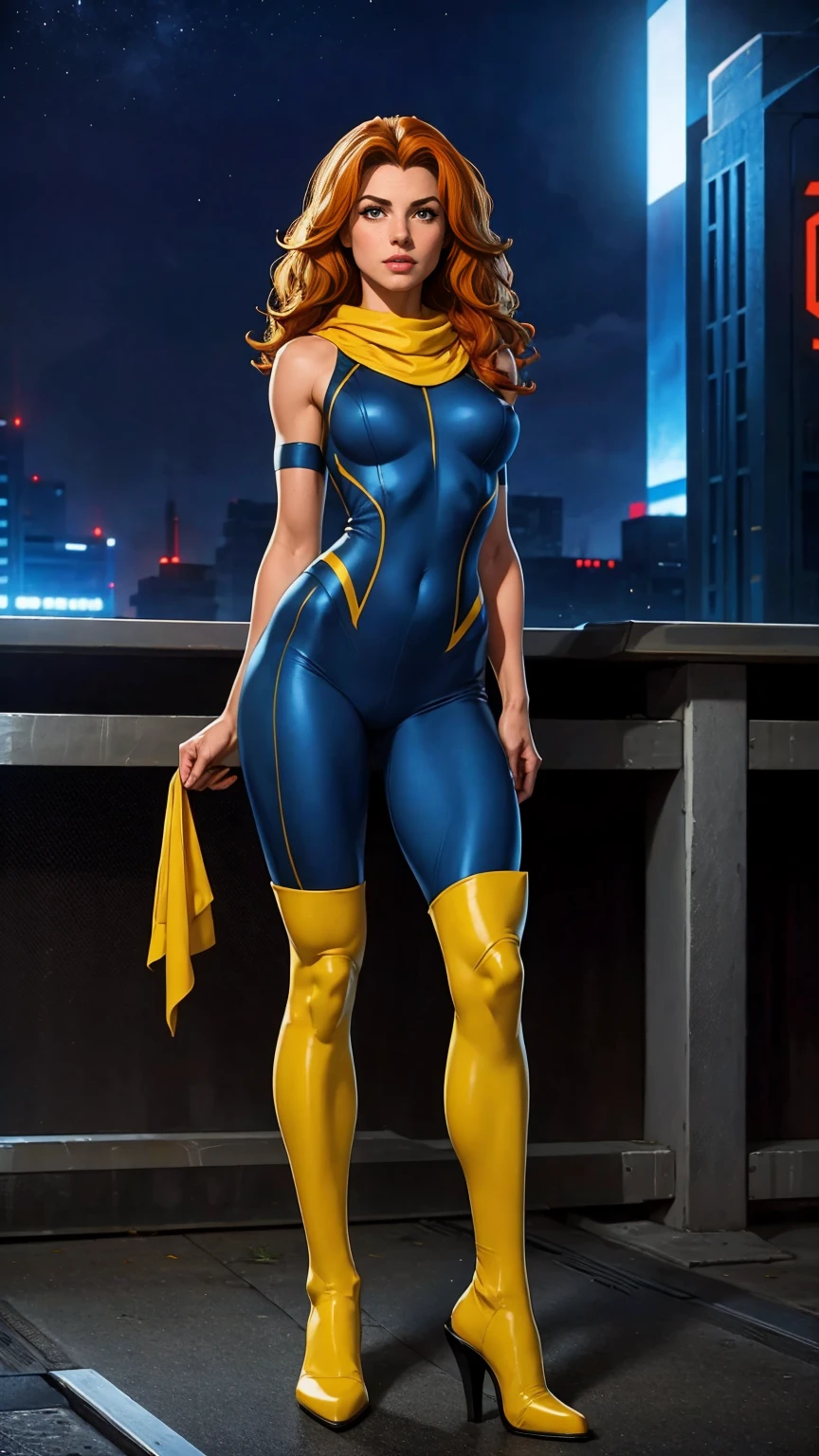 ((Full body shot, standing, feet on the ground)) Rogue, X-Men, (best quality, 4k, 8k, high resolution, cyclist body, masterpiece: 1.2), ultra-detailed, (realistic, photorealistic, photorealistic: 1.37), full body photo, yellow high boots, voluminous hair, beauty pose, standing, show feet, outside, city roof at night, green bandana