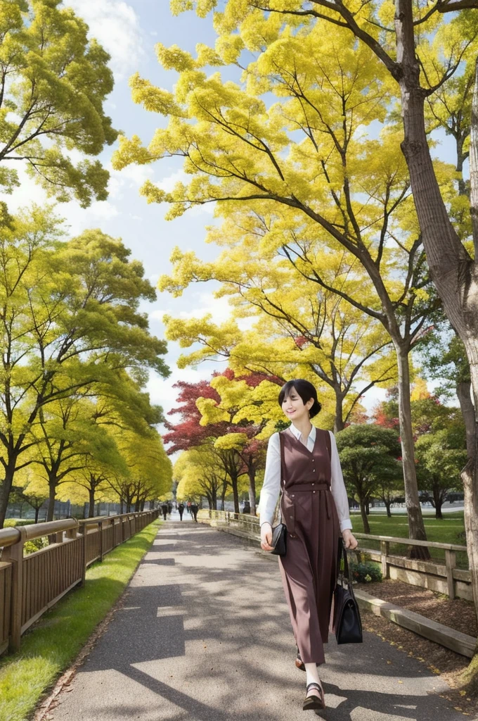 A promenade lined with colorful maple and ginkgo trees A strolling woman Beautiful and slender in her 30s