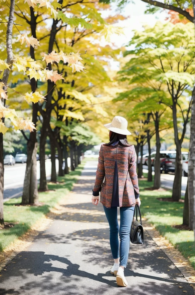 A promenade lined with colorful maple and ginkgo trees　A strolling woman　Beautiful and slender in her 30s　