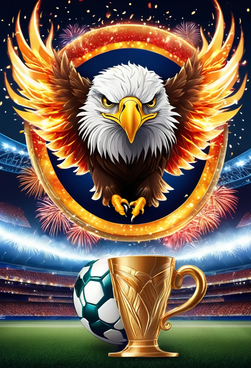 A soccer ball with flames around it and an eagle with open wings in a stadium with fireworks and a cup 🏆