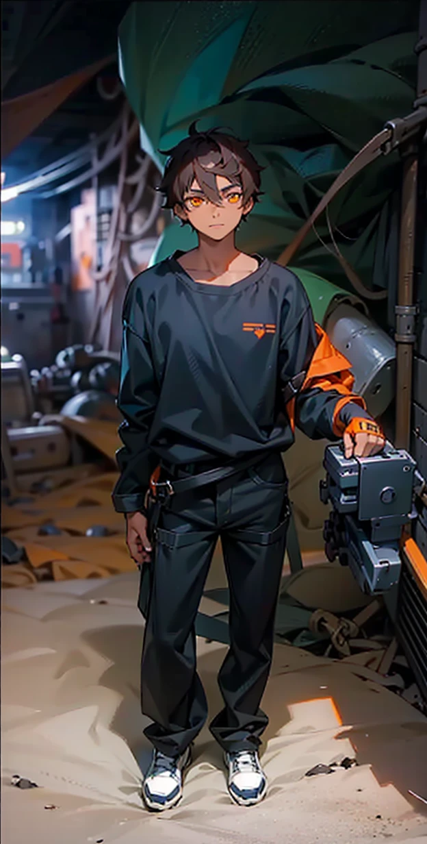 creates a  young man,  dark skin color, orange eye color, dark hair color, mechanic clothing, cave landscape, that reads a mechanical key in his hand