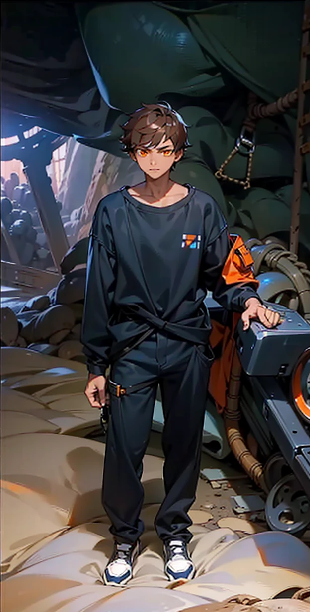 creates a young man, dark skin color, orange eye color, dark hair color, mechanic clothing, cave landscape, that reads a mechanical key in his hand