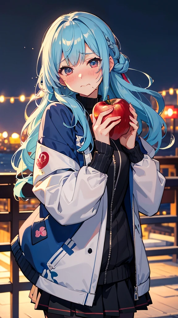 Wearing a souvenir jacket、woman、Eating an apple、Night Port、Embarrassed expression、 light blue hair, ear blush, full blush, Draw a clear face, Sea-view harbor, Eat an apple, Embarrassed face, Blushing, anime, Bomber jacket with Japanese embroidery, cinematic lighting, uhd, highres, best quality, 8k