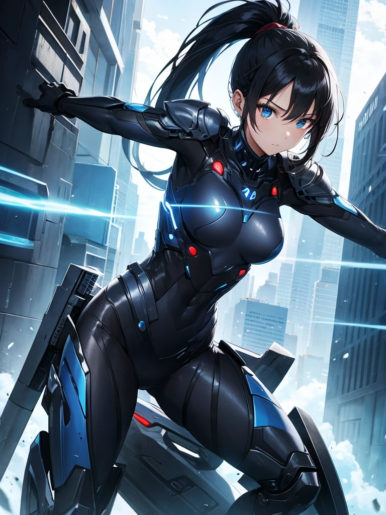 Sexy Cyborg Suit、17 years old、beautiful girl、ponytail、Black Hair、fight、blue beam