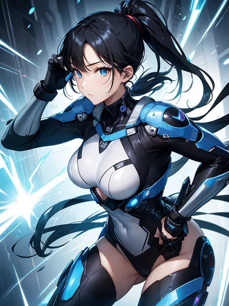 Sexy Cyborg Suit、、beautiful girl、ponytail、Black Hair、fight、blue beam