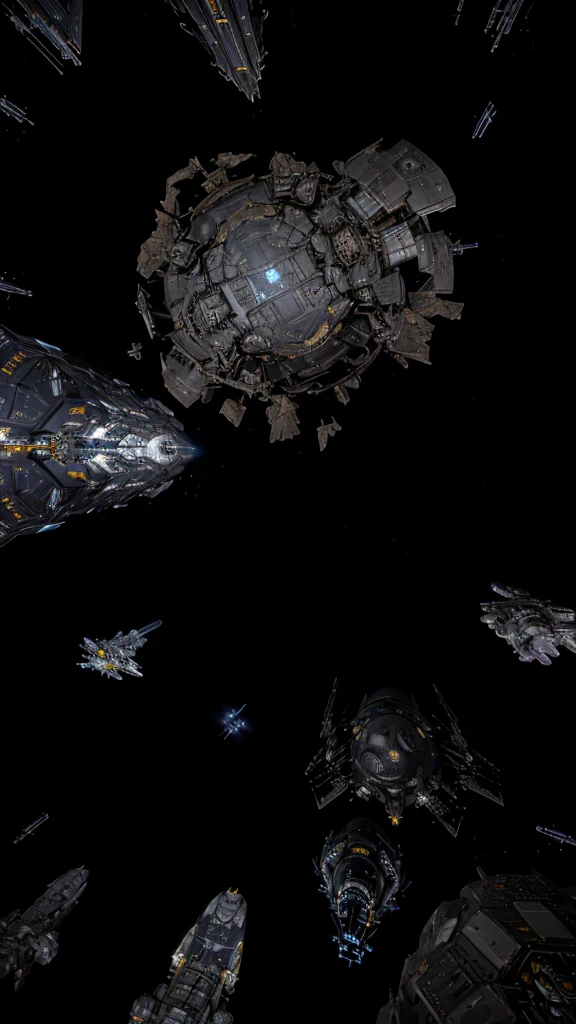 spaceships and a battle moon station in a space with a black background, wide shot of a spaceship battle, spaceship in space in ruins, Epic realistic cinematic space battle, ominous space battle background, landing in epic space battle, sci - fi spaceships in combat with a battle moon, detailed space battle, photo realistic space battle, orbiting space ships, battle moon space station flying in background, best