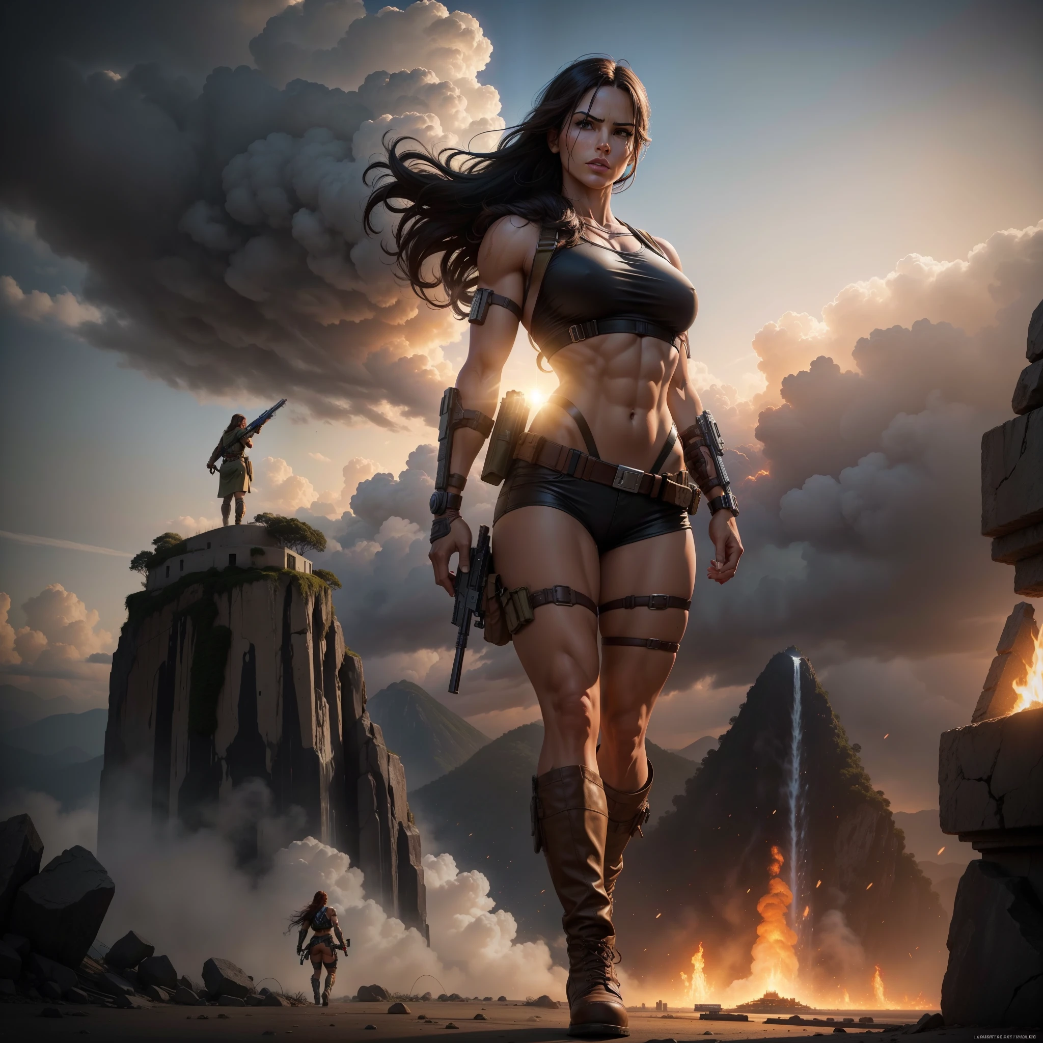 Image of muscular DC COMICS Lara Croft, human body, human anatomy, holding a gun with his right hand, left hand closed, costume identical to that of DC COMICS, with cyborg details, showing full body, perfect face, perfect boots, laser beams coming out from your eyes, highly detailed, super definition, 8k, showing the statue of Christ the Redeemer in the city of Rio de Janeiro January in flames. Cinematic image.